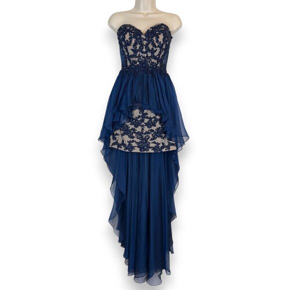 La Femme Formal Gown Cocktail Dress Blue Lace Hi Low Mesh Y2K Back Strapless 6 - Picture 1 of 15